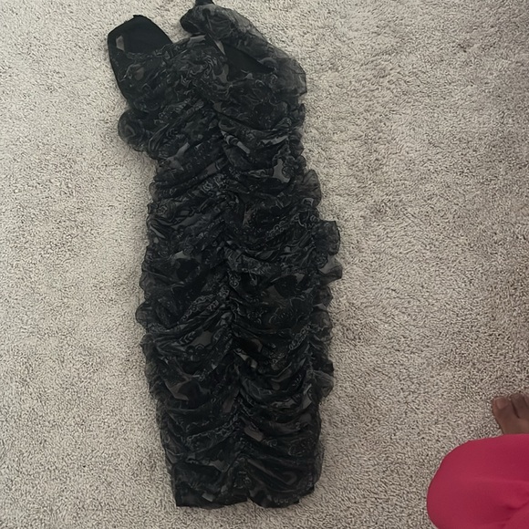 Elegant Black Ruched Dress; high neck similar to tank top style with thick strap - Picture 3 of 6